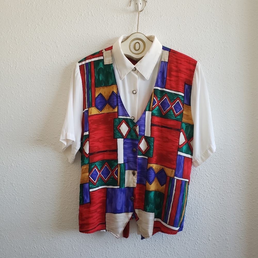 Vtg Caliche Short Sleeve Bright Abstract Blouse Button Down Top